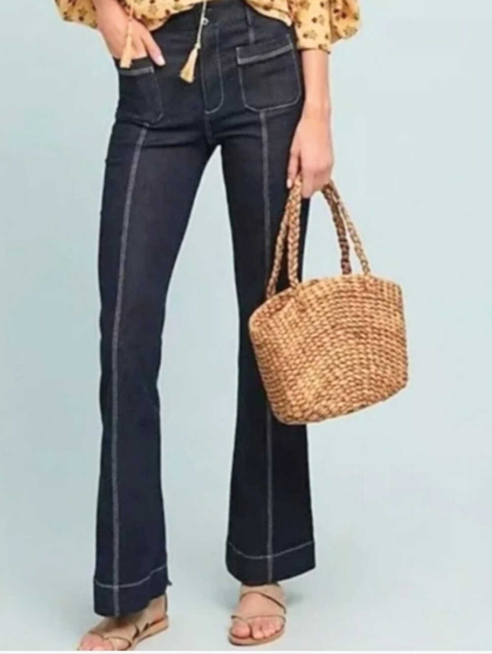 Pilcro x Anthro Darkwash Contrast Stitch Patch Pocket High Rise Flare Jeans 28